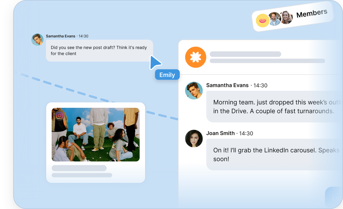 Kyte team chat with messages, members, and shared posts
