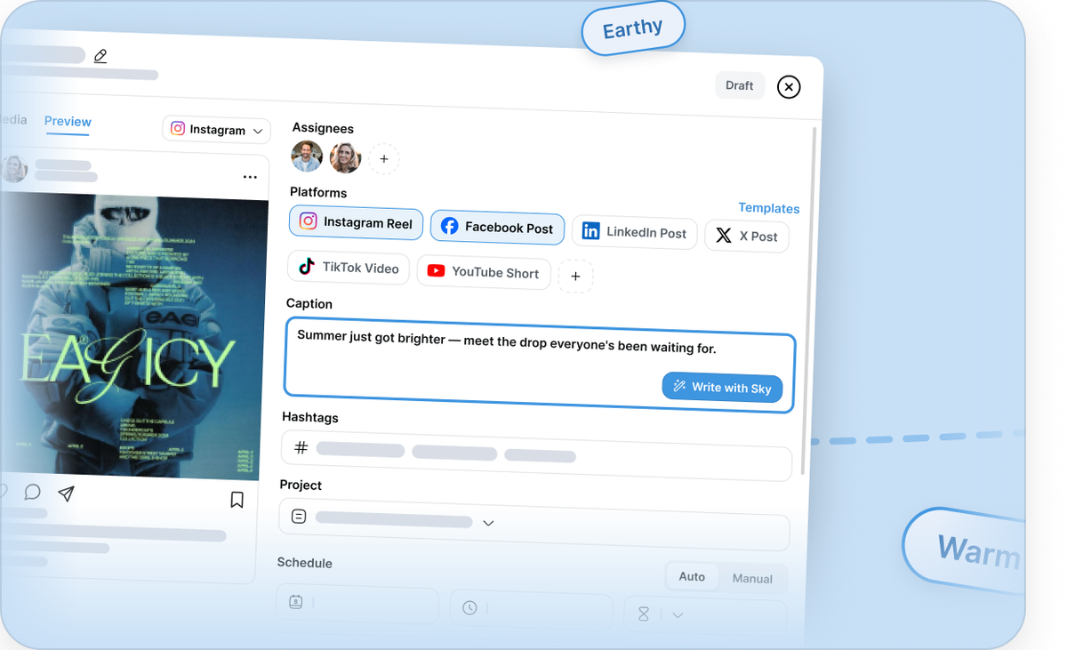 Kyte post composer with platform selection, caption drafting, and scheduling